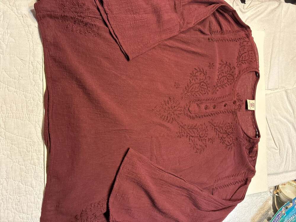 Gypsy Rose Maroon Gauze Henley Top with Floral Embroidery
